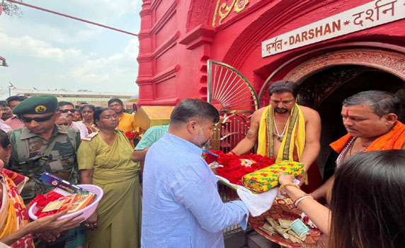 Tourism minister Sushanta Chowdhury visits Tripurasundari Temple on Poila Boishakh.